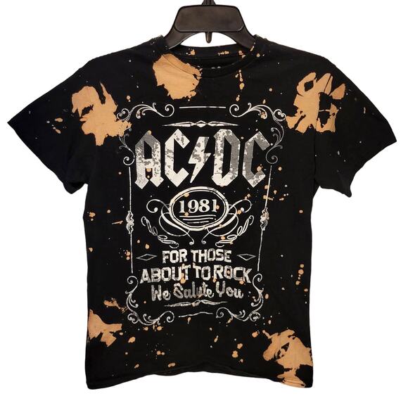 AC/DC Black Bleach Dyed Graphic Short Sleeve Tee Shirt Small Womens - Picture 1 of 3